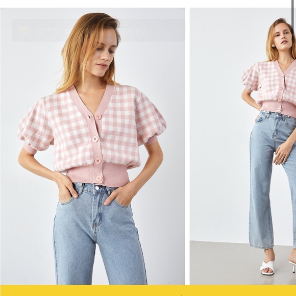 JING official gingham pink short sleeve sweater - Picture 4 of 4